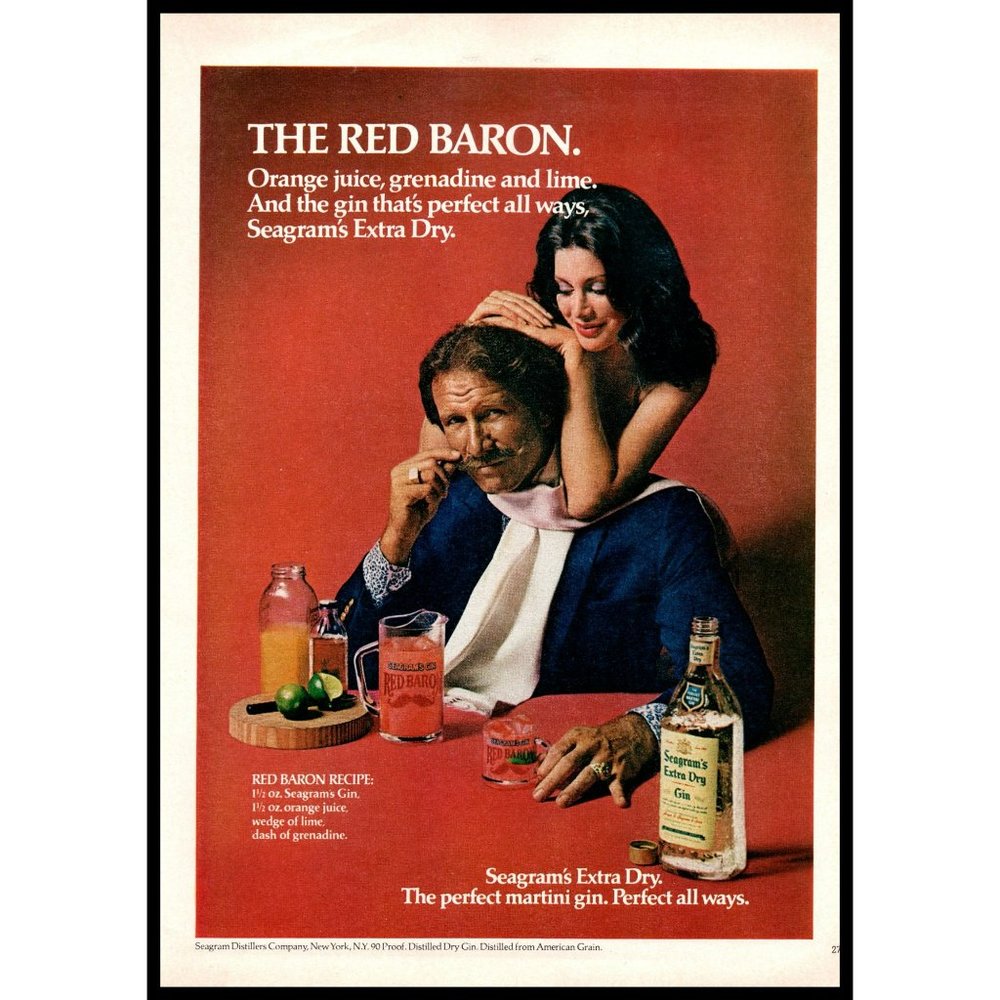 1974 Seagram's Extra Dry Gin Vintage Print Ad Red Baron Moustache Brunette Decor